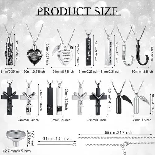 Vista 23 de 16 piezas de collar de urna para cenizas, medallón de cenizas talladas de acero inoxidable impermeable con 8 kit de relleno, cilindro de corazón