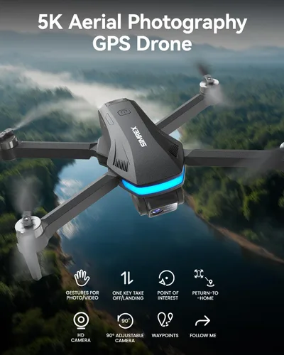 Vista 2 de SIMREX Dron GPS con cámara 4K para adultos, drones de motor sin escobillas para principiantes, WiFi FPV 5G plegable, retorno automático, flujo
