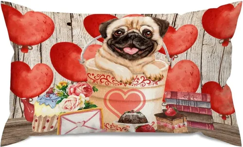 Vista 51 de Fundas de almohada lumbar con textura de madera rústica para perro en cubo, diseño de corazón rojo para el día de San Valentín, fundas de almohada