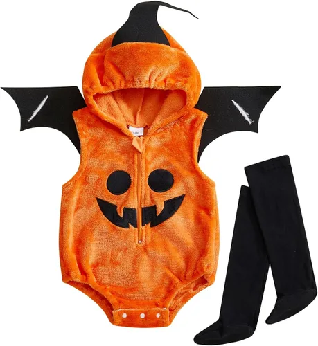 Vista 9 de Madjtlqy Disfraz de Halloween para bebé, niña, niño, con capucha, sin mangas, overol con medias pato