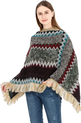 Vista 4 de SherryDC Poncho con flecos de punto en zigzag para mujer
