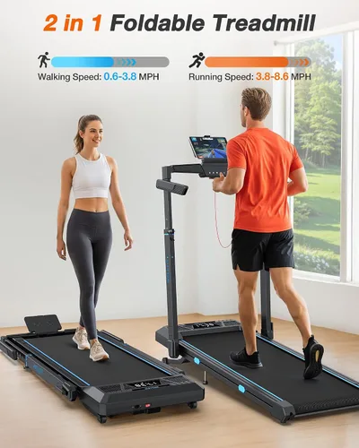 Vista 7 de WELLFIT Cinta de correr con inclinación automática, cintas de correr plegables 4 en 1 para el hogar con altura ajustable, cinta de correr silenciosa