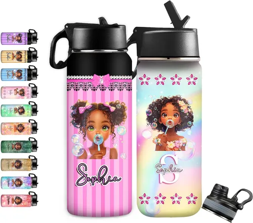 Vista 30 de InterestPrint Botella de agua personalizada para niños de 18 onzas con tapa de pajilla, botella de agua aislada de doble pared de acero inoxidable