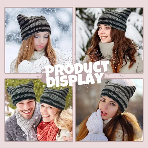 Vista 2 de Gorro de punto con orejas de gato para mujer, gorro de ganchillo con gorro de invierno a rayas, accesorios Y2K, gorros estilo gótico grunge