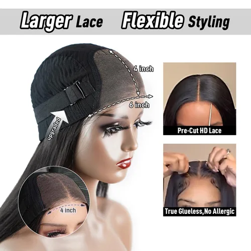Vista 4 de Peluca Bob sin pegamento de llevar y usar cabello humano liso, 6x4 precortada con encaje HD sin pegamento, prearrancada, pelucas con cierre frontal