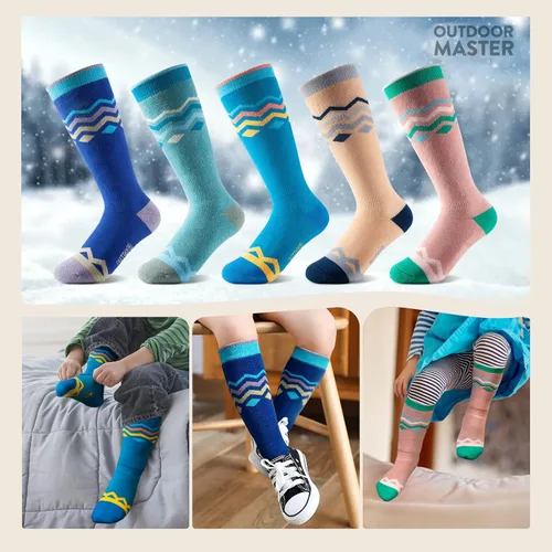 Vista 7 de OutdoorMaster Calcetines de esquí para niños, paquete de 2 pares de calcetines de snowboard para niños y niñas, diseño sobre la pantorrilla con puño