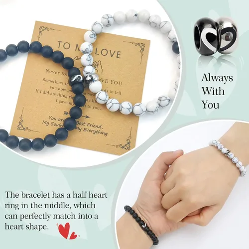 Vista 49 de 2 pulseras magnéticas para parejas, piedra natural negra mate, cristal para votos de amor eterno, juego de pulseras de cuentas de piedra de energía