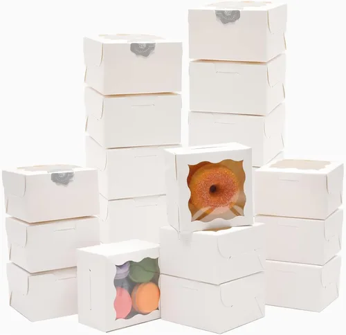 Vista 20 de Bakepacker 60 cajas de papel kraft para panadería con ventana de 6 x 6 x 3 pulgadas de grosor y resistentes cajas de pastelería de macarrones