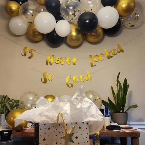 Vista 6 de Globos negros dorados, paquete de 60 globos de látex de 12 pulgadas negros metálicos cromados dorados con globo de confeti dorado para hombres