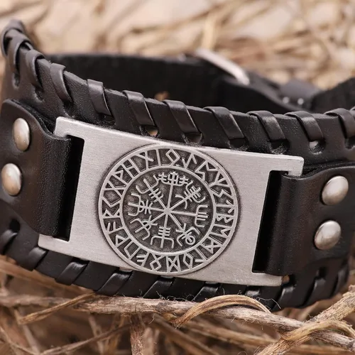 Vista 4 de HAQUIL Pulsera vikinga wicca egipcia negra marrón ancha de cuero pulsera antigua medieval joyería regalo para hombres