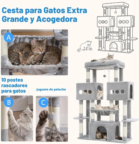 Vista 5 de Hey-brother Torre de árbol para gatos, postes rascadores de sisal grande con plataforma grande, 3 amplios condominios, hamaca de felpa, juguete