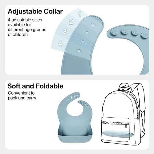 Vista 4 de Eascrozn Juego de 3 baberos de silicona para bebés y niños pequeños, sin BPA, suaves y ajustables impermeables para alimentos esenciales