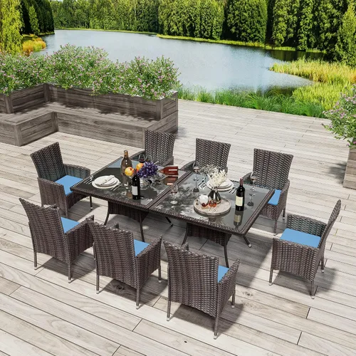Vista 6 de Juego de 10 piezas de comedor para patio al aire libre, mesa de patio y sillas de ratán con agujero para paraguas, juego de mesa de comedor para 8