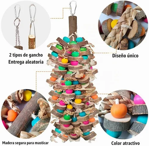 Vista 2 de Juguetes de pájaros grandes para guacamayos, bloques de madera multicolor juguete para masticar pájaros, jaula de loro, juguete de mordida