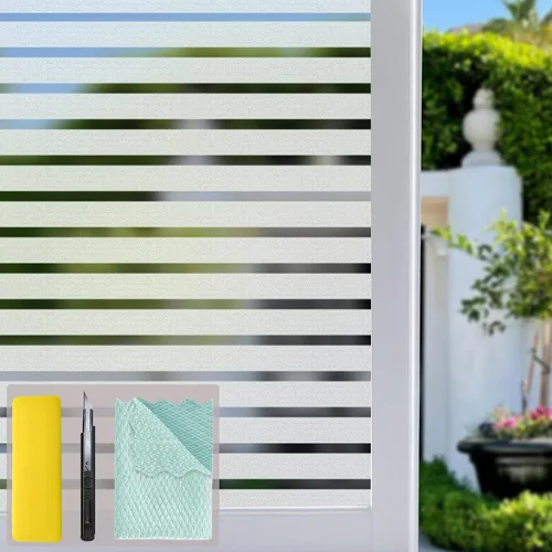 Vista 11 de Película de privacidad para ventana, diseño de rayas, no adhesiva, esmerilada, adherencia estática, esmerilada, para ventana, bloqueador solar Rayas