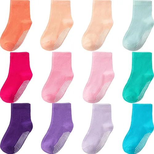 Vista 11 de Calcetines antideslizantes con agarre para tobillos, paquete de 12 unidades para niños pequeños, niños y niñas, lindos calcetines de algodón