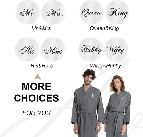 Vista 6 de AW BRIDAL 2Pcs Couple's Cotton Waffle Knit Robes Embroidered Lightweight Spa Robes Dressing Gown Bridal Robes for Men Women