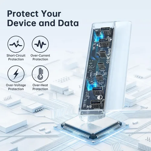 Vista 4 de Hub USB alimentado de 7 puertos, divisor USB de datos de alta velocidad de 10 Gbps (4 puertos USB-A y 3 puertos USB-C), concentrador de aluminio