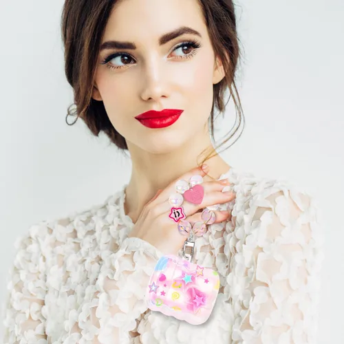 Vista 6 de Bonita funda para AirPods con colgante de amor, llavero de cuentas redondas coloridas, diseño de estrellas 3D con purpurina, funda protectora suave