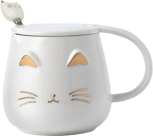 Vista 6 de Yuwu Taza de café con diseño de gato, regalo para los amantes de los gatos, taza de cerámica, taza novedosa con tapa y cuchara de acero inoxidable