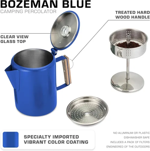 Vista 2 de COLETTI Bozeman Blue Percolator Cafetera — Cafeteras de Camping — La Percoladora Favorita para Camping — SIN Aluminio o Plástico [9 tazas, Azul]