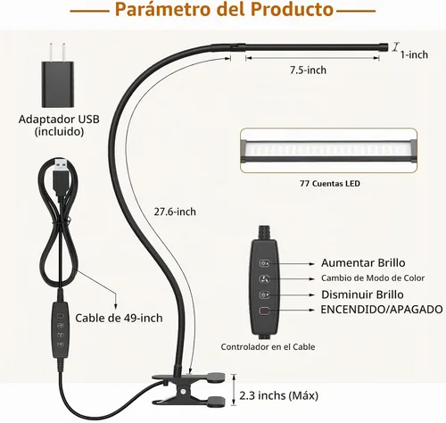 Vista 6 de iZELL Lámpara LED de escritorio para oficina en casa con abrazadera [77 luces LED, 3 modos de color y 10 niveles de brillo] Luces flexibles