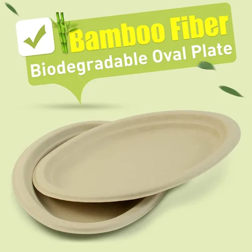 Vista 2 de Green Earth, Platos compostables de 10 pulgadas, 125 unidades, fibras de bambú naturales, vajilla diaria – Biodegradable, desechable, forma ovalada