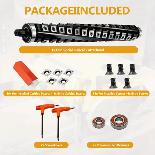 Vista 7 de Cabezal de corte helicoidal en espiral de 13 pulgadas para cepilladora DeWalt DW735 DW735X, cabezal de corte helicoidal, 4 filas, 60 insertos