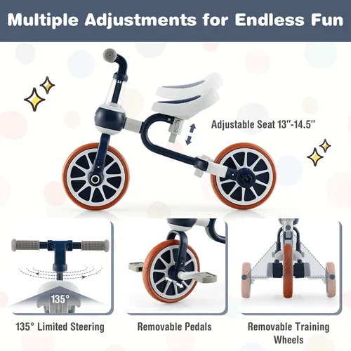 Vista 3 de BABY JOY Triciclo 4 en 1 para niños de 2 a 4 años, triciclo de equilibrio para niños con asiento ajustable y mango de empuje, pedales extraíbles