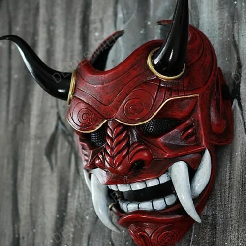 Vista 4 de LOCHE Máscara de Samurai Oni, máscara japonesa de Halloween, máscara de Samurai Hannya, disfraz de guerrero cosplay para fiesta de Halloween