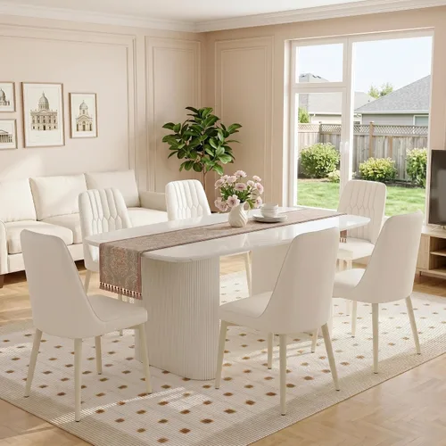 Vista 18 de Juego de mesa de comedor blanco Ebullient para 4, juego de mesa de comedor ovalada de mármol de 67' con 4 sillas de metal, parte superior de grano
