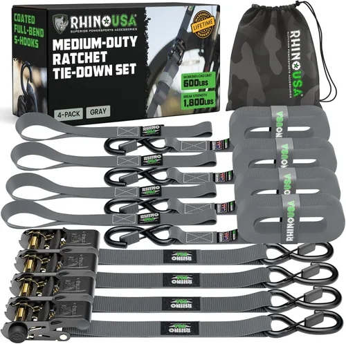 Vista 9 de Rhino USA - Correas de trinquete de amarre (4), 1 pulgada x 15 pies (resistencia 1823 libras), con ganchos en S de seguridad, alta calidad para Negro