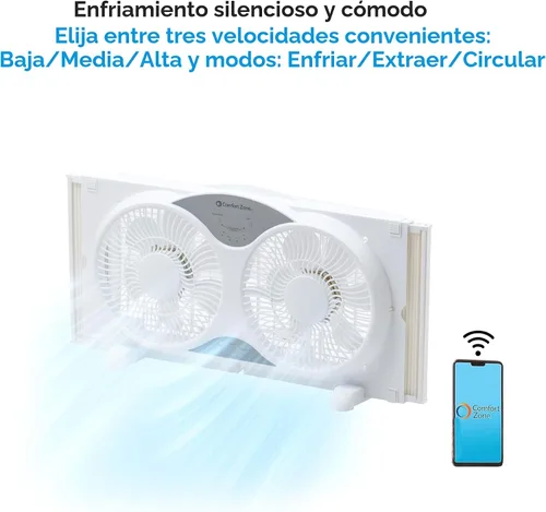 Vista 7 de COMFORT ZONE - Ventilador inteligente WiFi de 9 pulgadas para ventana doble, ventilador de doble hoja de 3 velocidades con aplicación y control