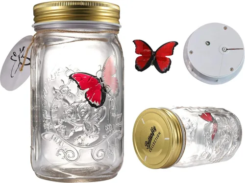 Vista 2 de Mariposa en un frasco de cristal, tarro de lámpara LED Hsxxf con mariposa animada en un tarro para activar la decoración de regalo (rojo)