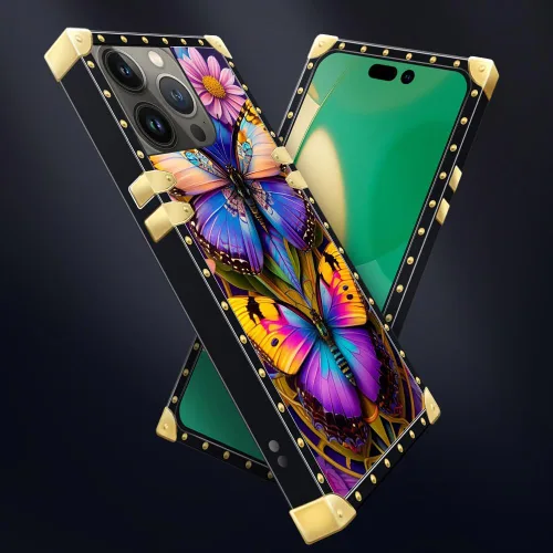 Vista 6 de Funda compatible con iPhone 14 Pro Max (6.7 pulgadas), hermosa mariposa Flosers dorada, de lujo, suave TPU duro, parte trasera de policarbonato