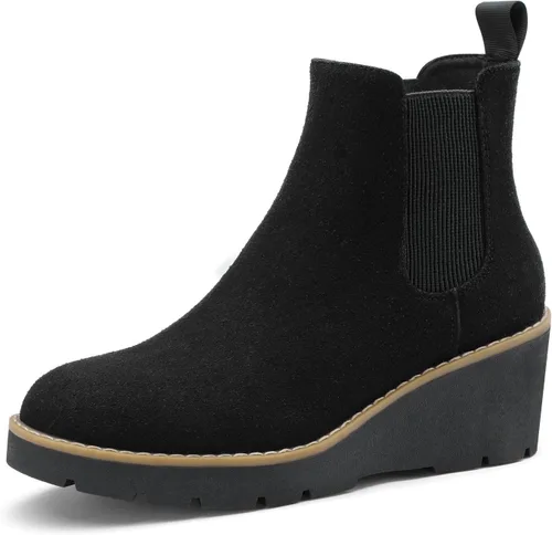 Vista 11 de Athlefit - Botas Chelsea con plataforma de cuña para mujer, suela de lengüeta, elásticas, con plataforma, tacón de cuña, botas al tobillo Negro