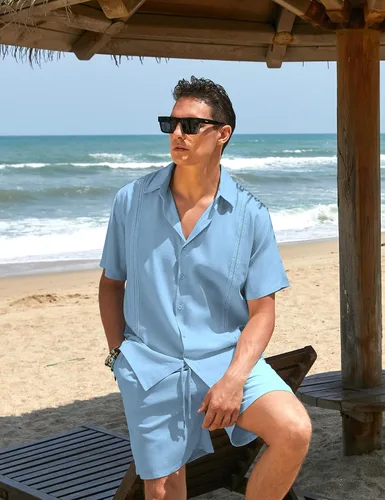 Vista 2 de COOFANDY Conjunto de 2 piezas de lino para hombre, camisa con botones y pantalones cortos
