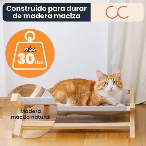 Vista 3 de CallieCo Hamaca de madera para gatos, moderna tumbona elevada para mascotas con marco de madera de primera calidad y tela transpirable, elegante