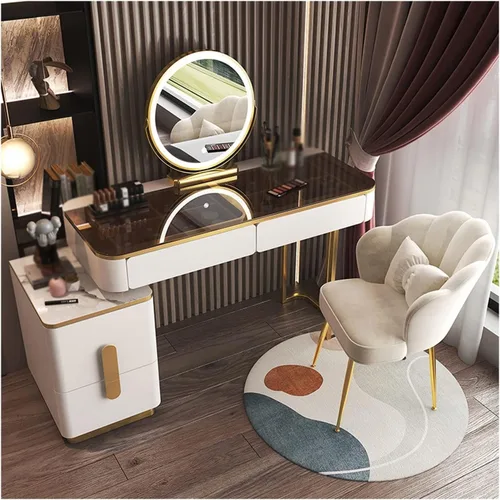 Vista 17 de Tocador de maquillaje, mesa de cristal, tocador, moderno, simple, avanzado, de madera, para dormitorio, almacenamiento, tocador, espejo inteligente
