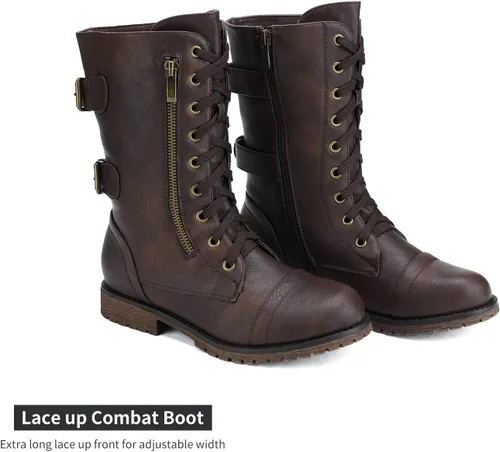 Vista 2 de DREAM PAIRS Botas de combate de equitación a media pantorrilla con forro de piel sintética para mujer