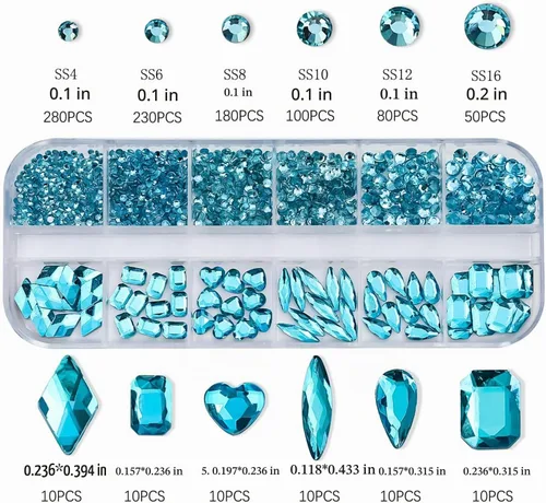 Vista 6 de Diamantes de imitación azules para uñas, gemas de diamantes de imitación de cristal 3D, diamantes de imitación de parte trasera plana, varios