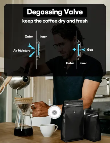 Vista 4 de FireKylin 50 piezas de bolsas de café con válvula, (8 onzas, 0.5 libras) Bolsas de pie resellables con ventilación, bolsas de almacenamiento