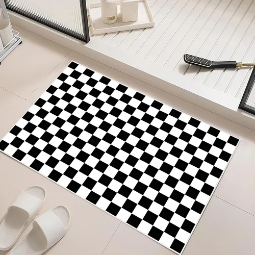 Vista 6 de Alfombra a cuadros de 2 x 3 pies, alfombra negra y blanca moderna para entrada interior, alfombra pequeña lavable a cuadros para baño, alfombra