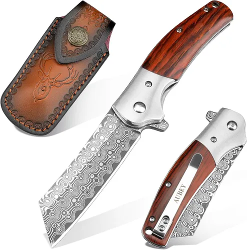 Vista 11 de Cuchillo de bolsillo AUBEY de Damasco, hoja de acero de Damasco de 3.34" con molino hueco, cuchillo plegable con rodamiento de bola, mango