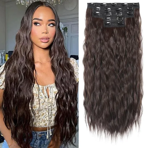 Vista 22 de REECHO Extensiones de cabello con clip, 5 piezas, de 24 pulgadas, de color rubio ceniza, extensiones de cabello con ondas largas y sueltas, HE002