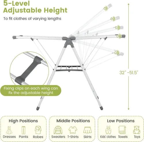 Vista 3 de Giantex Estante de secado de ropa, 2 capas de aluminio plegable con altura ajustable de 5 niveles, 21 rieles de secado, 10 clips laterales, 4