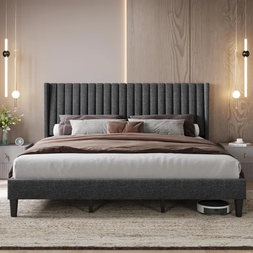 Vista 18 de Yaheetech Base de cama individual tapizada con cabecera de tela, diseño de borde de ala, antideslizante y sin ruido, soporte de listones de madera