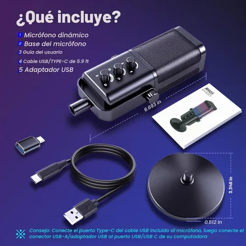 Vista 8 de VCOM - Micrófono USB para PC, micrófono RGB para juegos con botón de silencio, control de ganancia, conector de auriculares de monitoreo de 3.5 mm
