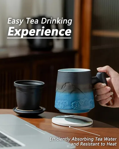 Vista 4 de ZENS Taza de té con infusor y tapa para colador de té de hojas sueltas, taza de té de cerámica de 15.2 oz con coladores de té finos y posavasos