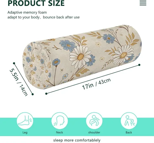 Vista 3 de Qilmy Blue and White Flowers Neck Roll Pillow, Memory Foam Round Pillow Cylinder Bolster Pillow for Sleeping, Cervical Roll Pillows for Pain Relief